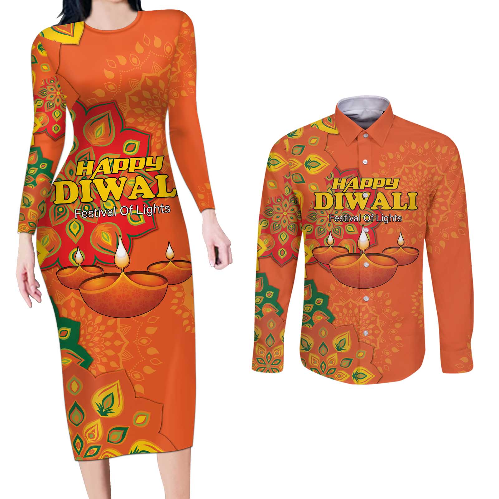 Happy Diwali India Couples Matching Long Sleeve Bodycon Dress and Long Sleeve Button Shirt With Rangoli Patterns - Wonder Print Shop