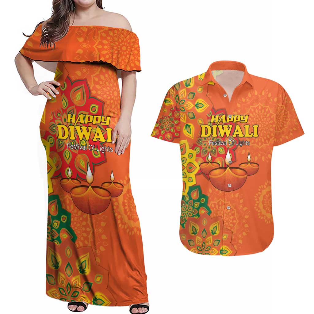 Happy Diwali India Couples Matching Off Shoulder Maxi Dress and Hawaiian Shirt With Rangoli Patterns - Wonder Print Shop