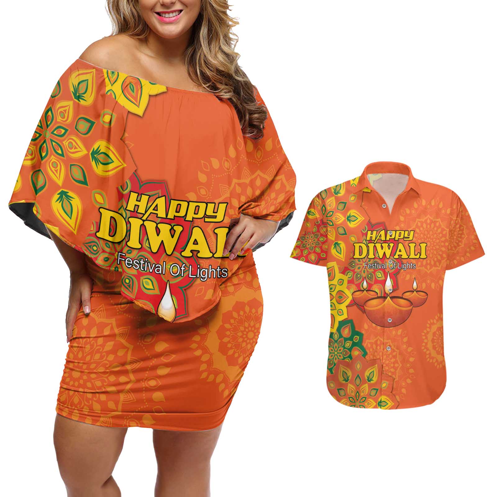 Happy Diwali India Couples Matching Off Shoulder Short Dress and Hawaiian Shirt With Rangoli Patterns - Wonder Print Shop