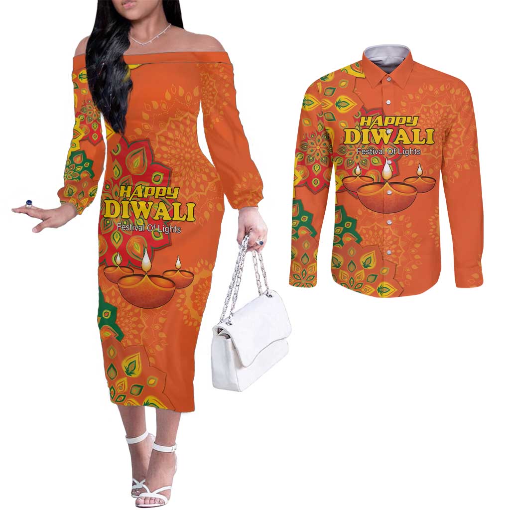 Happy Diwali India Couples Matching Off The Shoulder Long Sleeve Dress and Long Sleeve Button Shirt With Rangoli Patterns