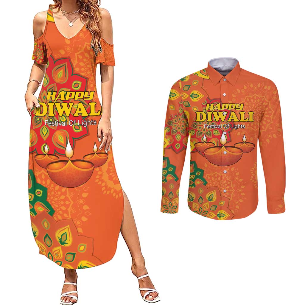 Happy Diwali India Couples Matching Summer Maxi Dress and Long Sleeve Button Shirt With Rangoli Patterns - Wonder Print Shop