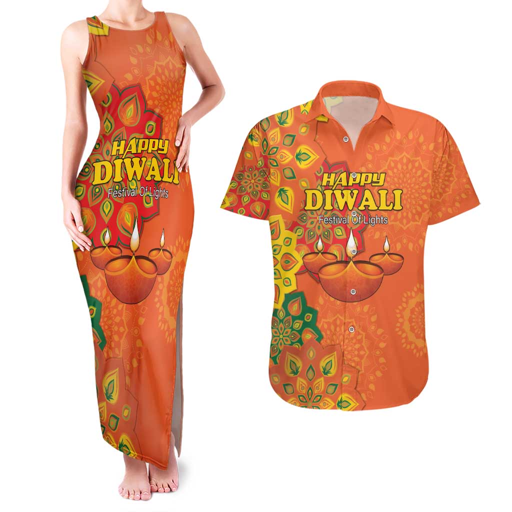 Happy Diwali India Couples Matching Tank Maxi Dress and Hawaiian Shirt With Rangoli Patterns - Wonder Print Shop