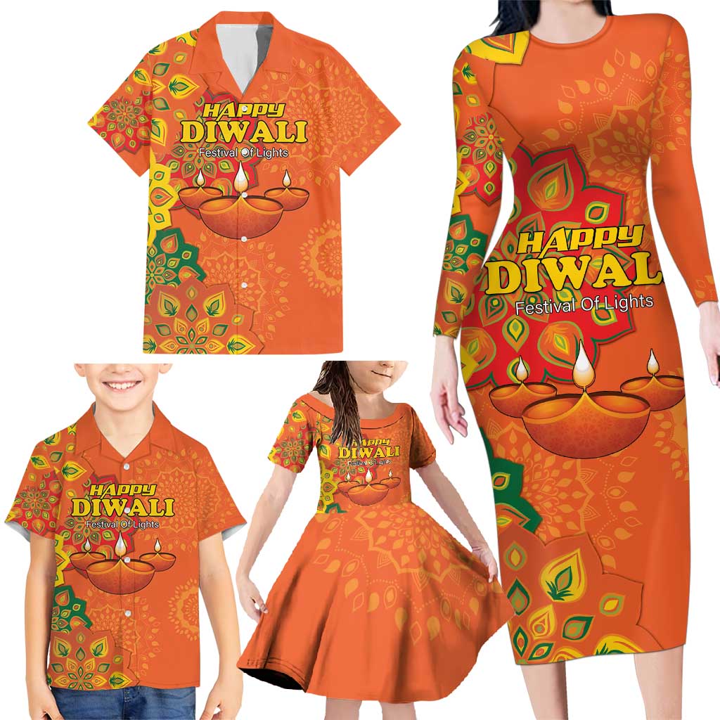 Happy Diwali India Family Matching Long Sleeve Bodycon Dress and Hawaiian Shirt With Rangoli Patterns - Wonder Print Shop