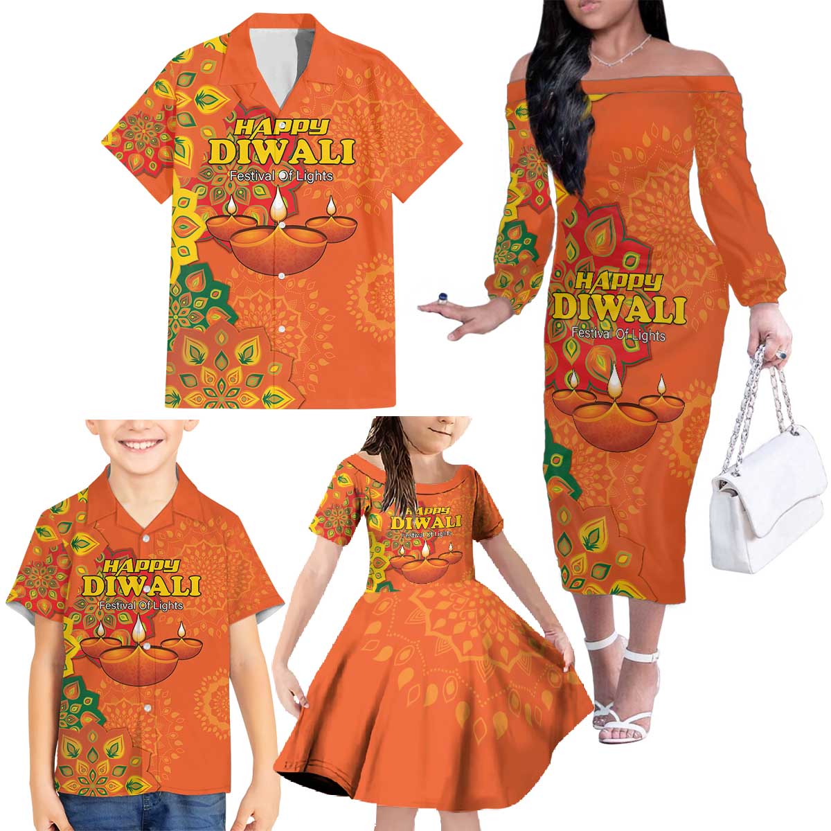 Happy Diwali India Family Matching Off The Shoulder Long Sleeve Dress and Hawaiian Shirt With Rangoli Patterns - Wonder Print Shop