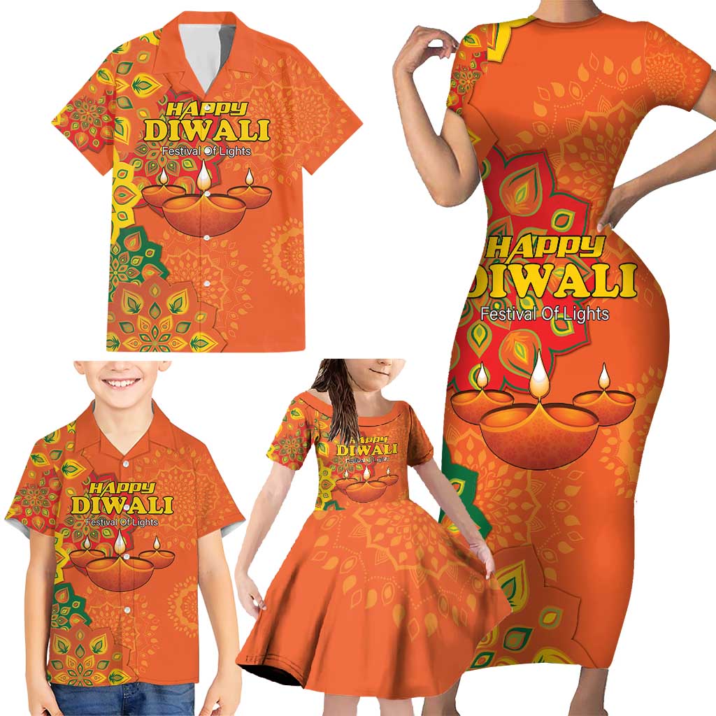 Happy Diwali India Family Matching Short Sleeve Bodycon Dress and Hawaiian Shirt With Rangoli Patterns - Wonder Print Shop