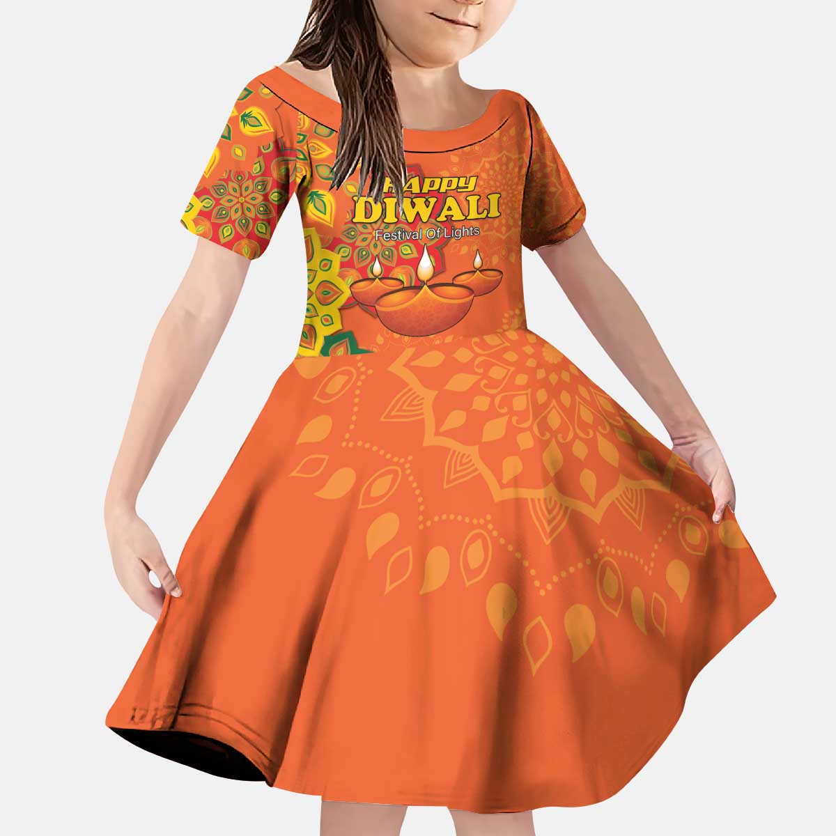 Happy Diwali India Kid Short Sleeve Dress With Rangoli Patterns - Wonder Print Shop