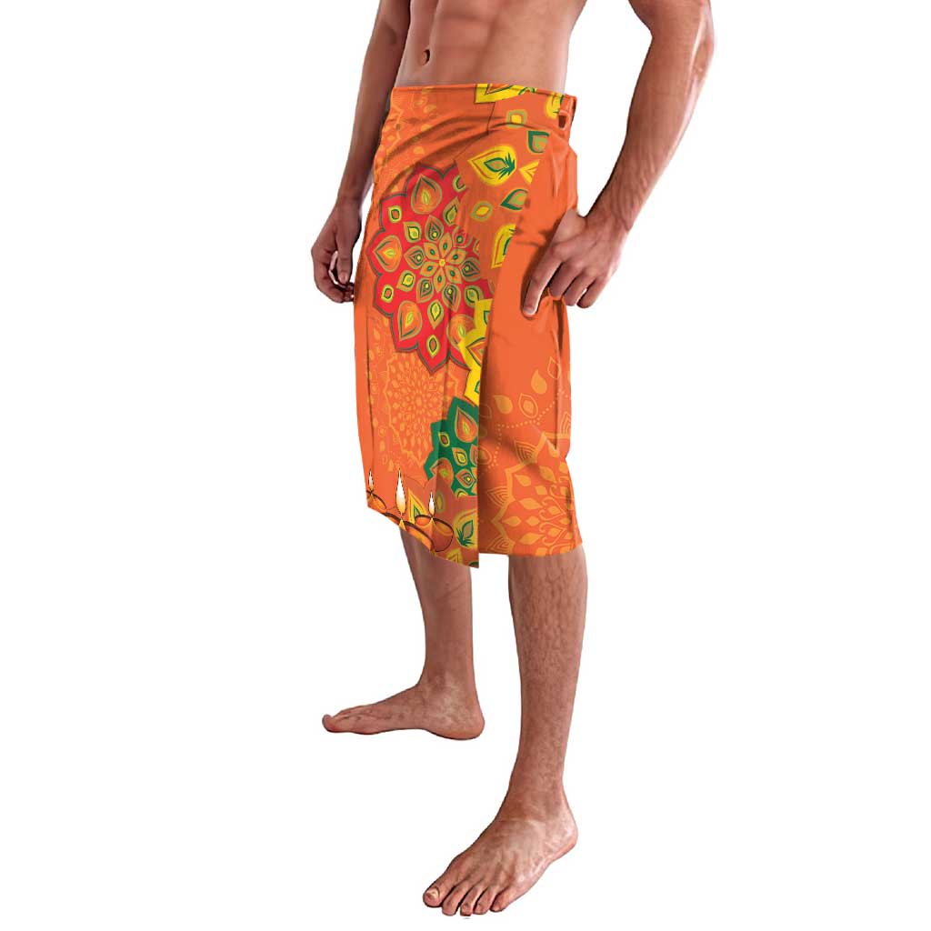 Orange sarong-style lavalava with multicolor rangoli patterns, side view