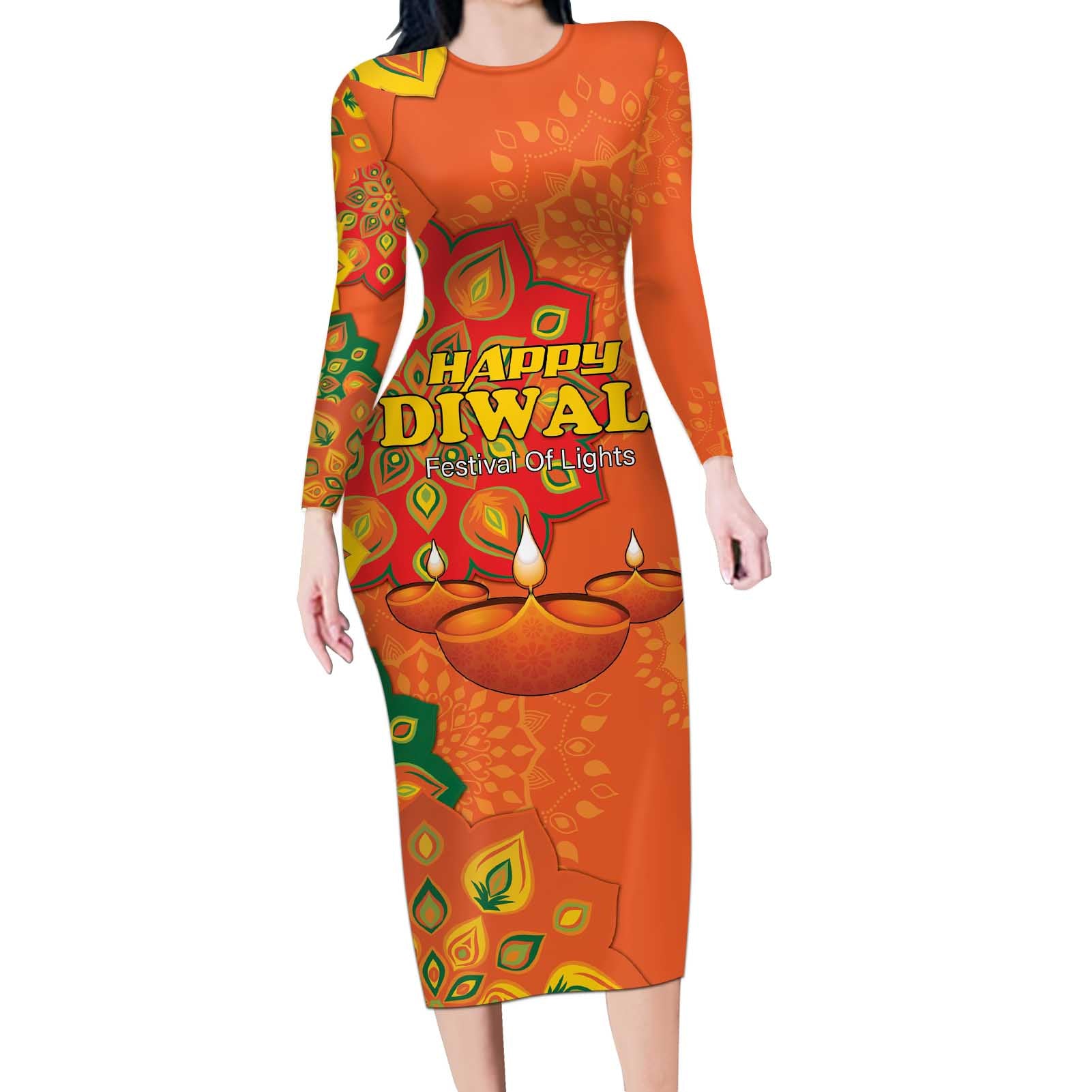 Happy Diwali India Long Sleeve Bodycon Dress With Rangoli Patterns - Wonder Print Shop