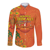 Unisex long-sleeve button shirt in saffron orange with festive Diwali graphic front