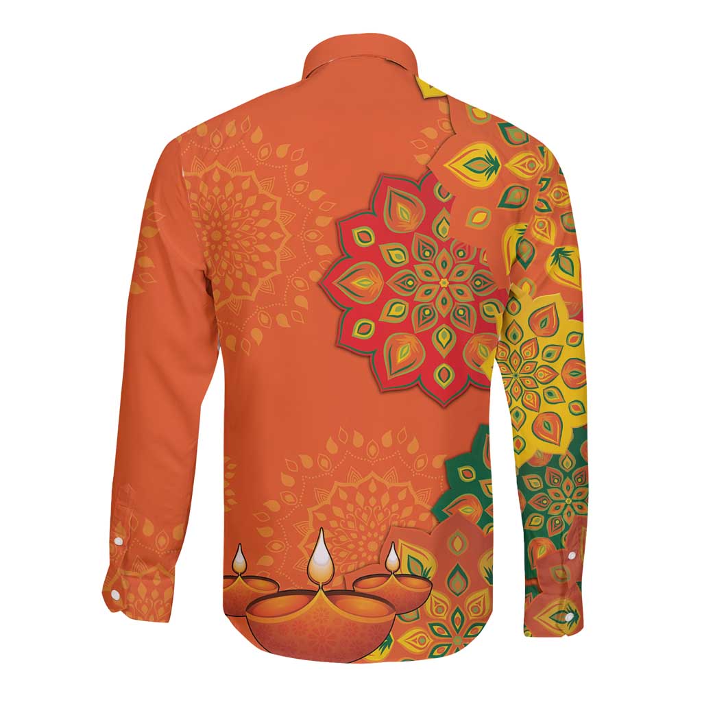 Unisex long-sleeve button shirt, orange with gold and green rangoli-style mandala back