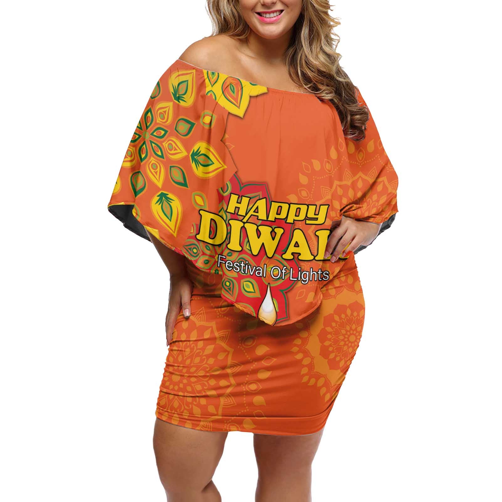 Happy Diwali India Off Shoulder Short Dress With Rangoli Patterns - Wonder Print Shop