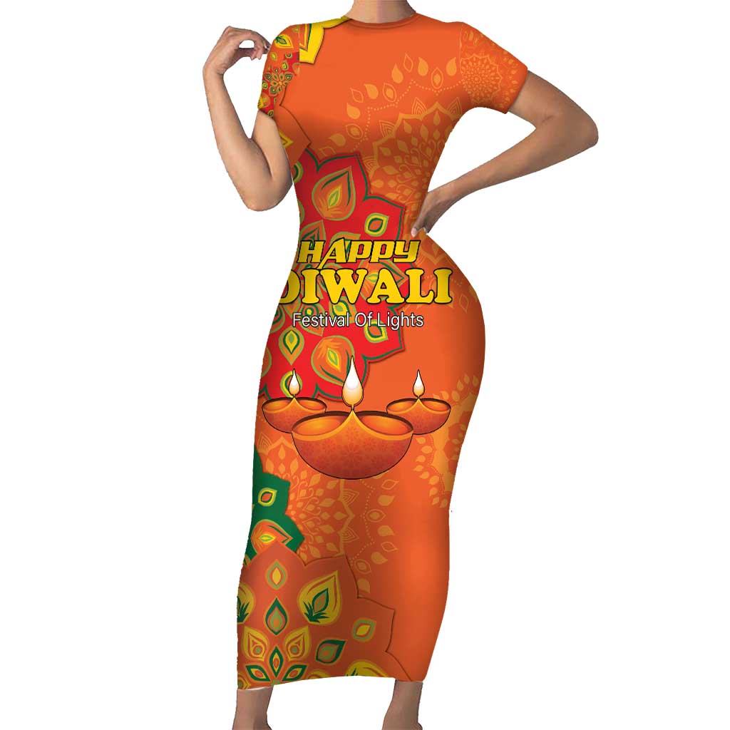 Happy Diwali India Short Sleeve Bodycon Dress With Rangoli Patterns