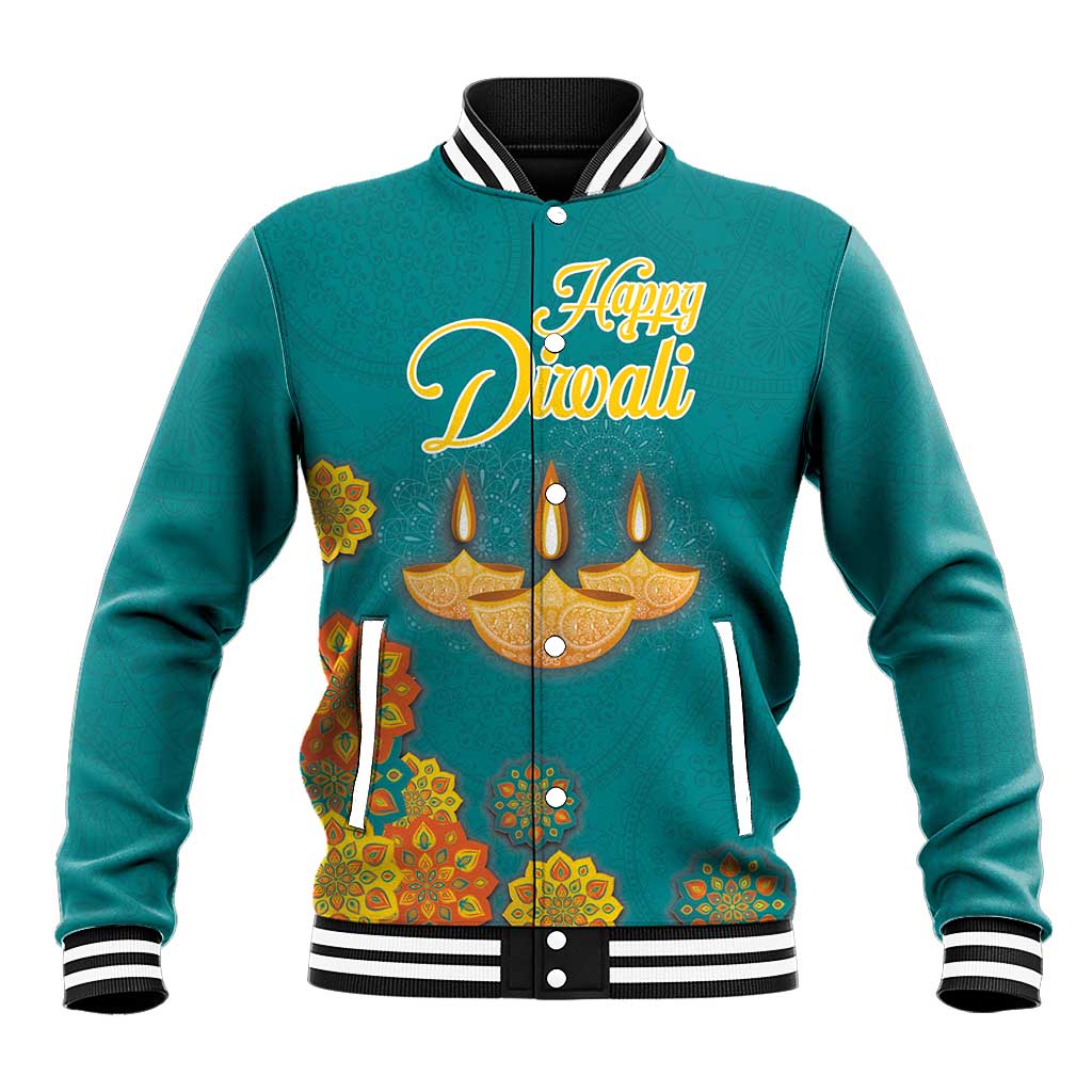 Teal baseball jacket, striped collar/cuffs, button front, Happy Diwali diya graphic