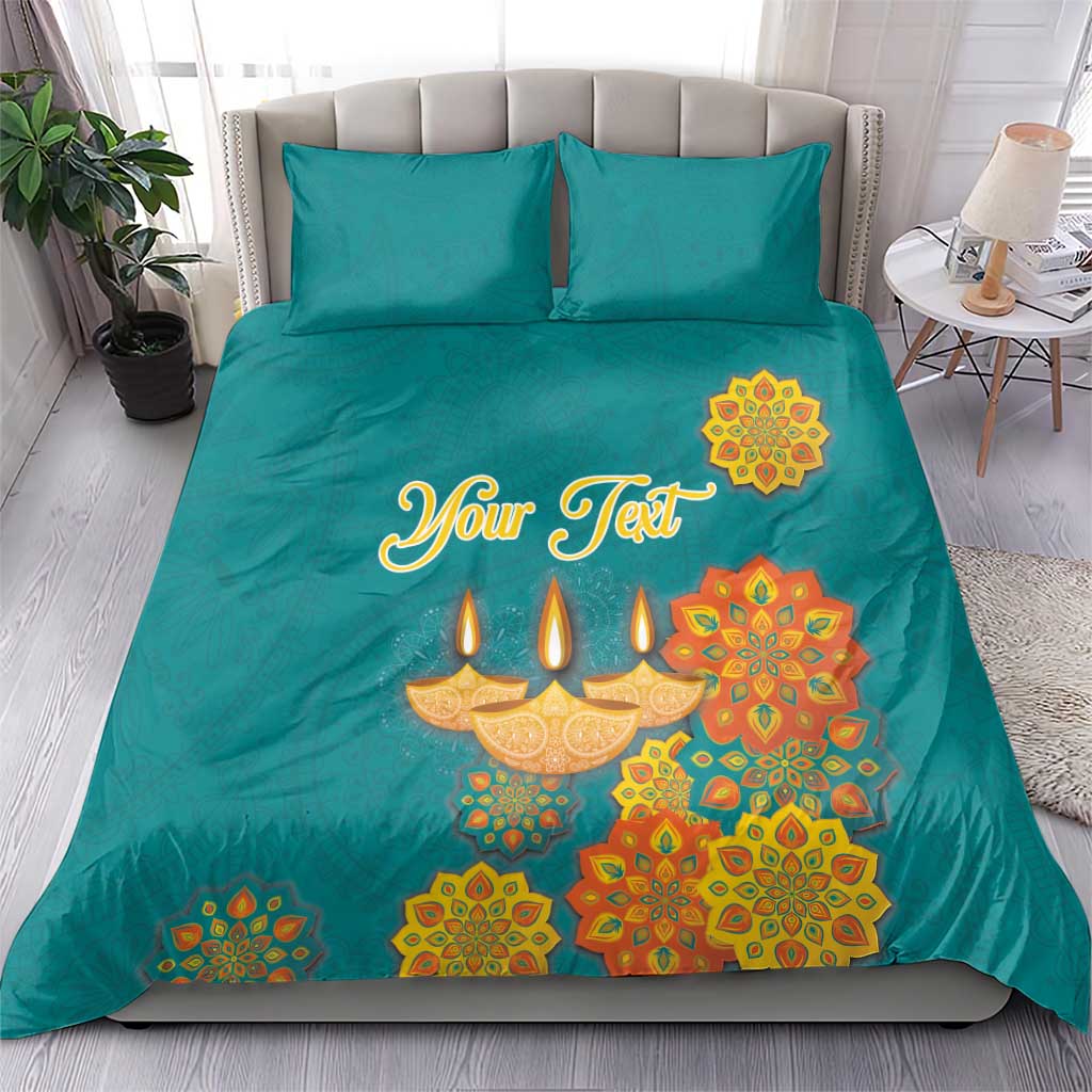 Teal bedding set with “Your Text” and Diwali diya cluster plus floral mandala pattern