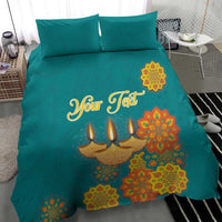 Teal duvet set with “Your Text” and Diwali lamp, rangoli-style floral mandala print