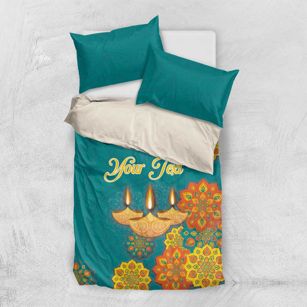 Teal bedding set with “Your Text” and Diwali diyas and rangoli floral mandala print