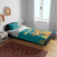 Teal bedding set with “Your Text” and Diwali diya and floral mandala graphic