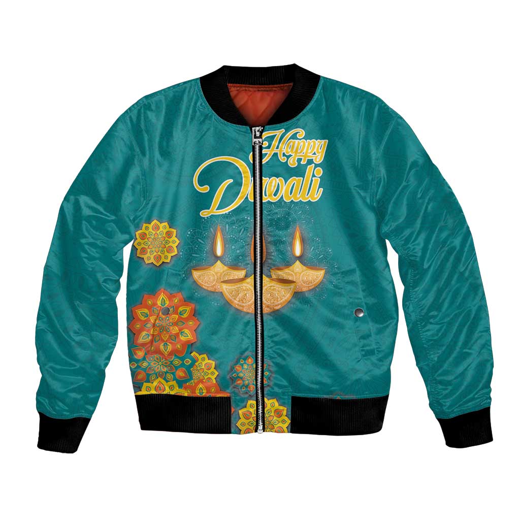 Teal bomber jacket with front zip, ribbed cuffs, 'Happy Diwali' candle graphic