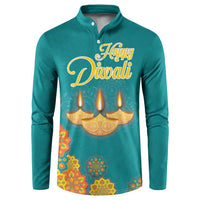 Teal button sweatshirt with 'Happy Diwali' diya candles and colorful rangoli print