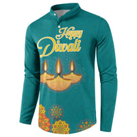 Teal button sweatshirt with 'Happy Diwali' diya candles and festive rangoli graphic