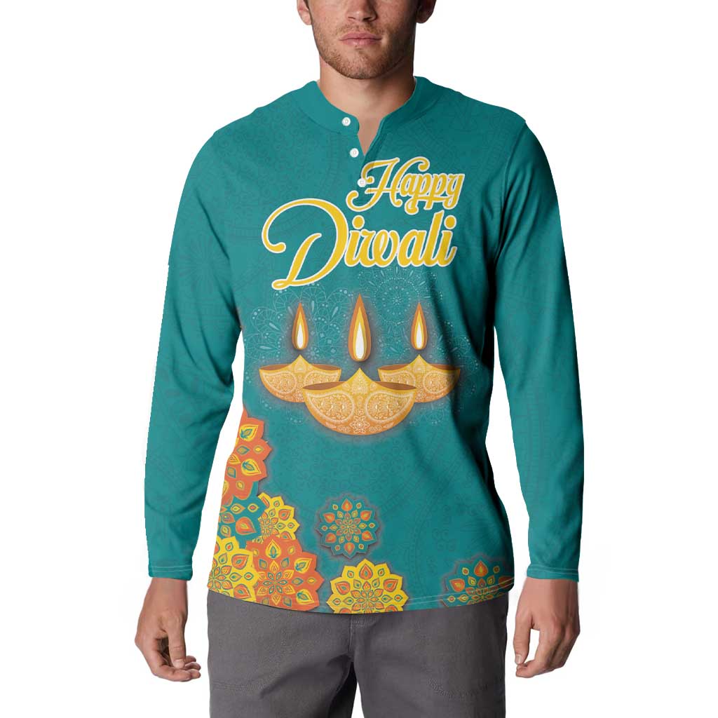 Men's teal button sweatshirt worn in front, with 'Happy Diwali' diya candle graphic