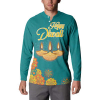 Men's teal button sweatshirt worn in front, with 'Happy Diwali' diya candle graphic