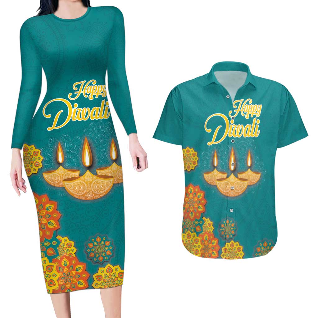 Personalized India Diwali Couples Matching Long Sleeve Bodycon Dress and Hawaiian Shirt Festival Of Light With Diya - Wonder Print Shop