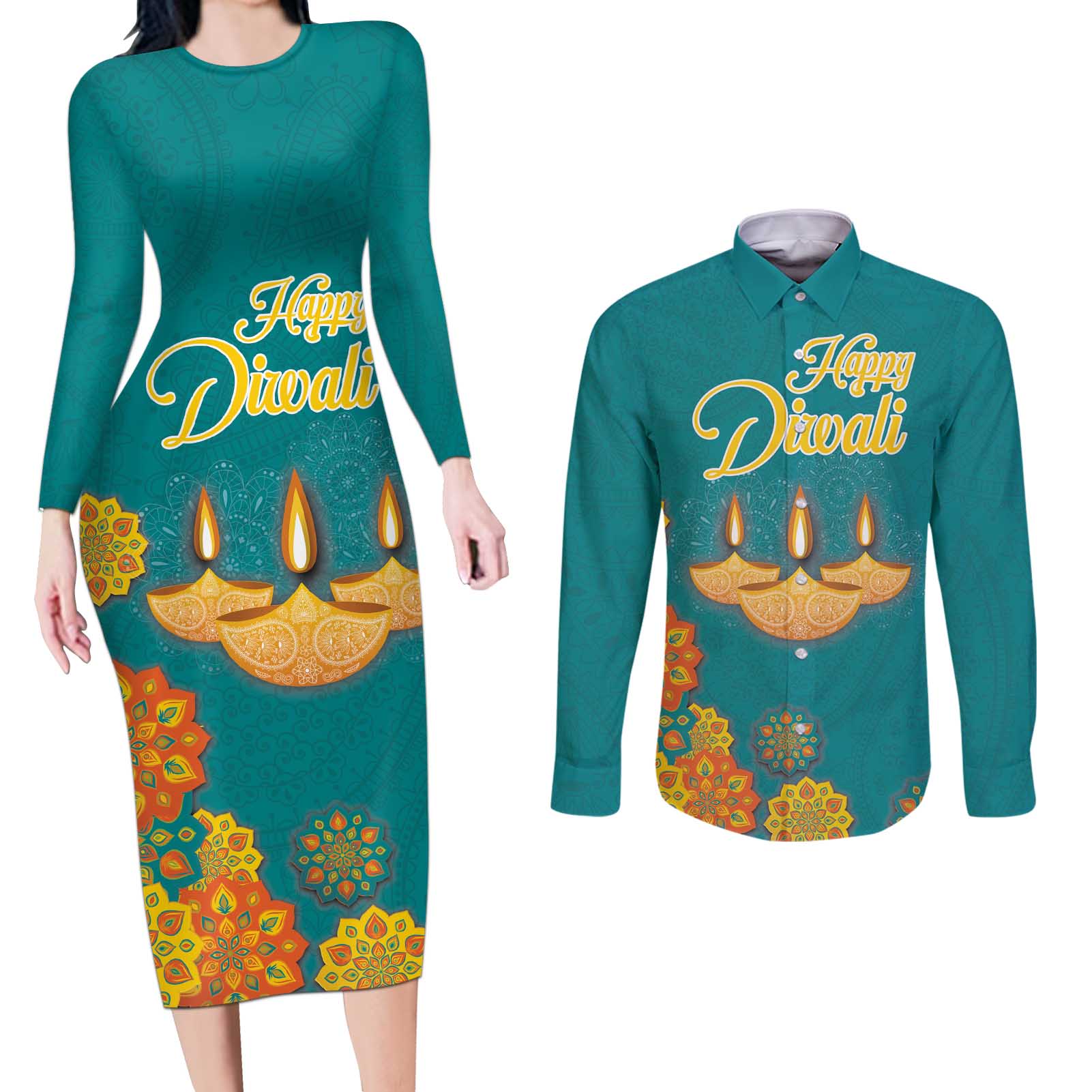 Personalized India Diwali Couples Matching Long Sleeve Bodycon Dress and Long Sleeve Button Shirt Festival Of Light With Diya - Wonder Print Shop