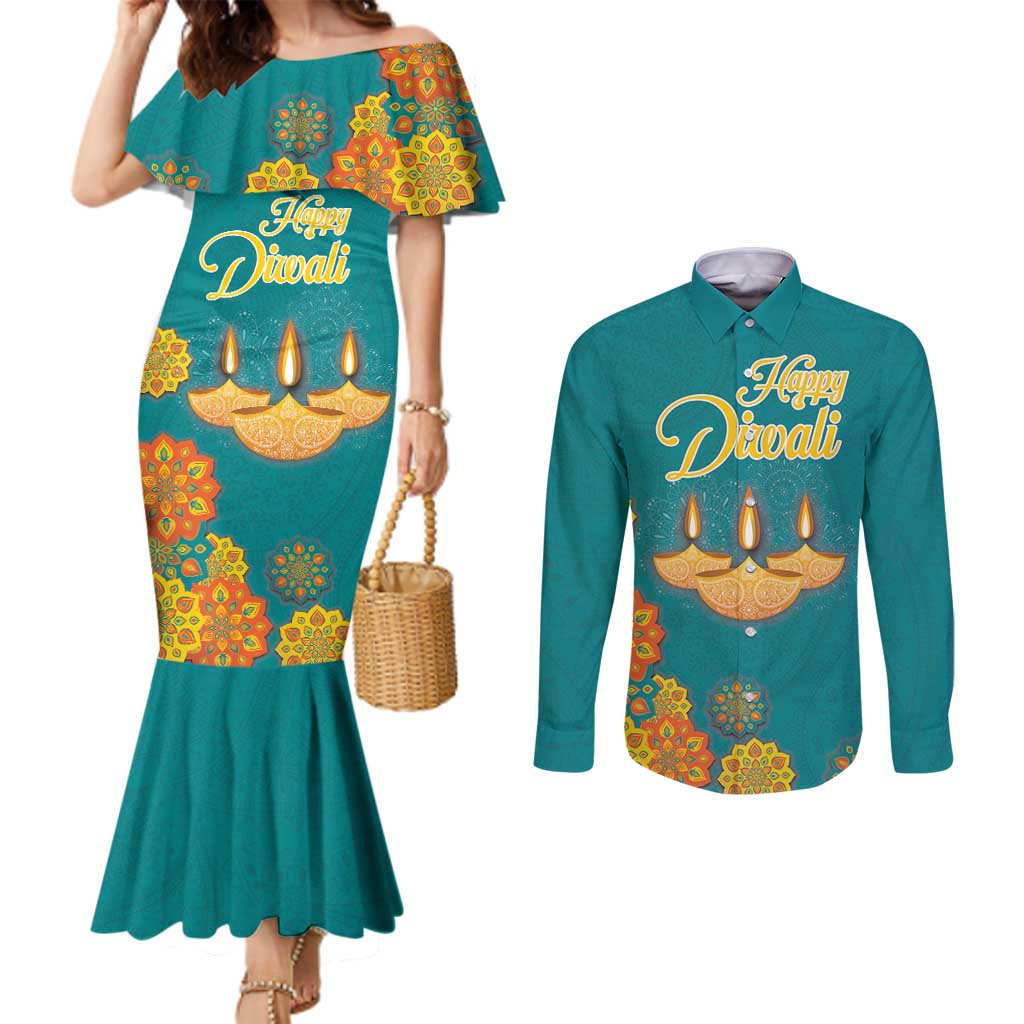 Personalized India Diwali Couples Matching Mermaid Dress and Long Sleeve Button Shirt Festival Of Light With Diya