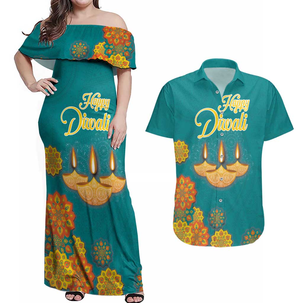 Personalized India Diwali Couples Matching Off Shoulder Maxi Dress and Hawaiian Shirt Festival Of Light With Diya - Wonder Print Shop