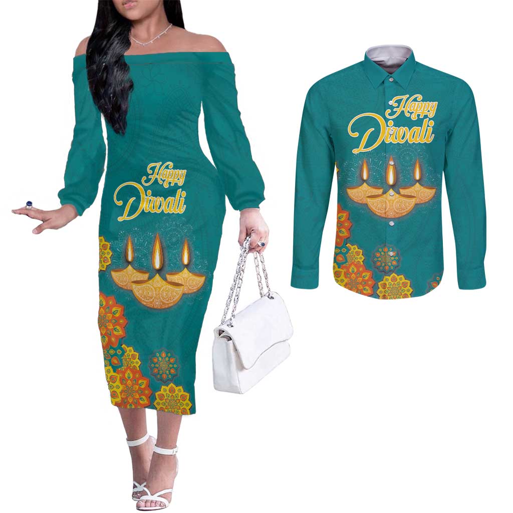 Personalized India Diwali Couples Matching Off The Shoulder Long Sleeve Dress and Long Sleeve Button Shirt Festival Of Light With Diya