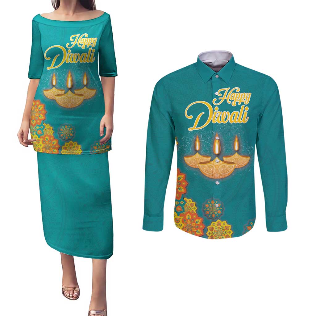 Personalized India Diwali Couples Matching Puletasi and Long Sleeve Button Shirt Festival Of Light With Diya - Wonder Print Shop