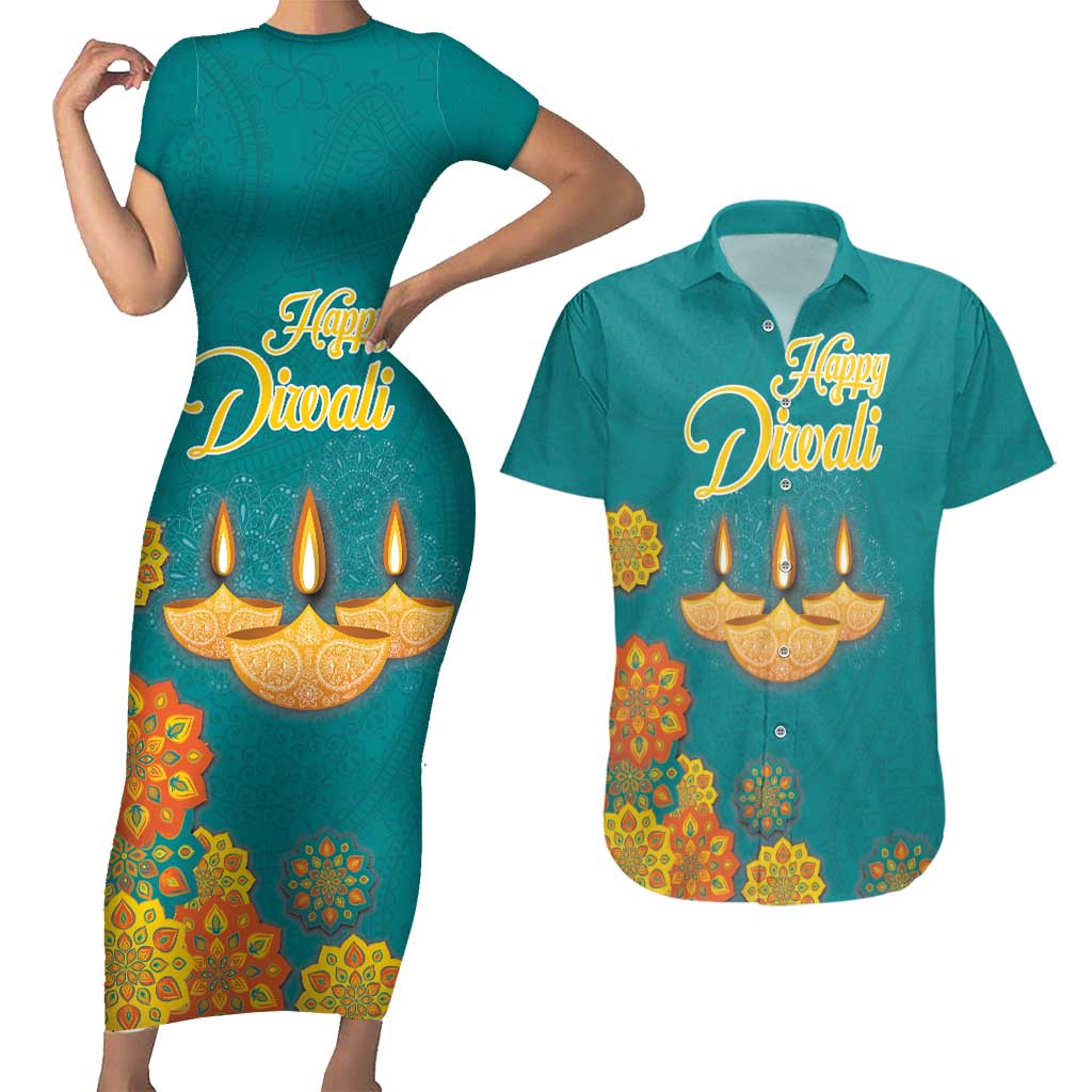 Personalized India Diwali Couples Matching Short Sleeve Bodycon Dress and Hawaiian Shirt Festival Of Light With Diya - Wonder Print Shop