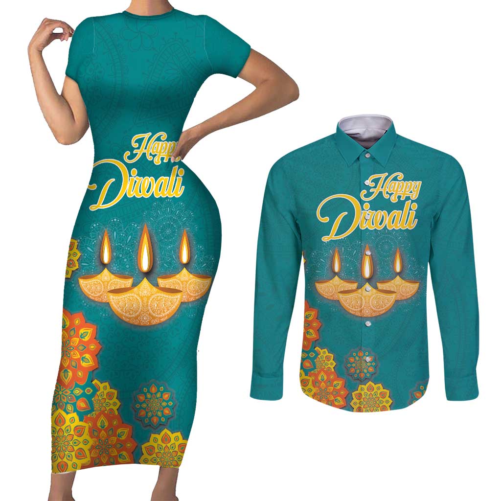 Personalized India Diwali Couples Matching Short Sleeve Bodycon Dress and Long Sleeve Button Shirt Festival Of Light With Diya - Wonder Print Shop