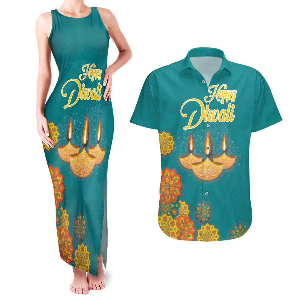 Personalized India Diwali Couples Matching Tank Maxi Dress and Hawaiian Shirt Festival Of Light With Diya - Wonder Print Shop