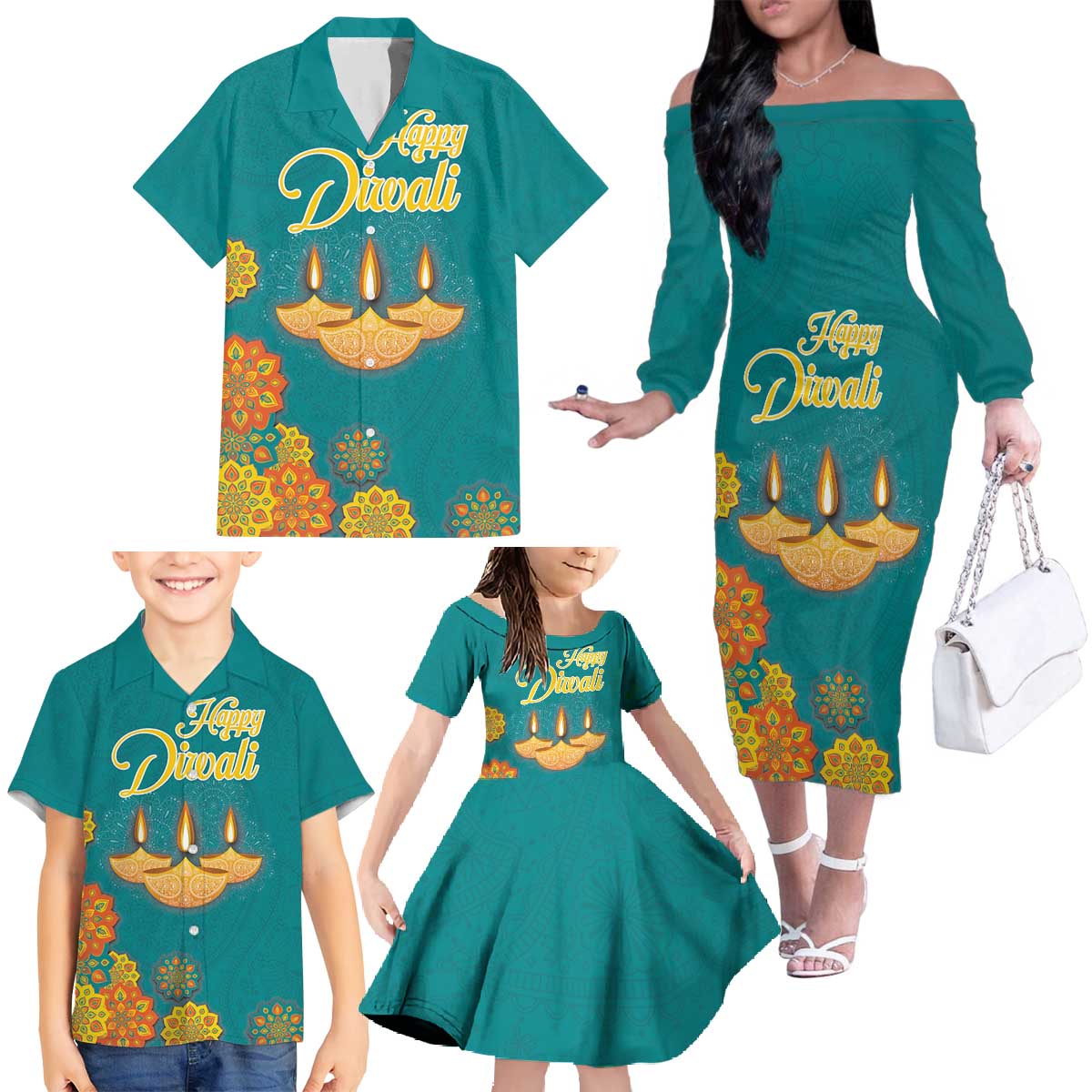 Personalized India Diwali Family Matching Off The Shoulder Long Sleeve Dress and Hawaiian Shirt Festival Of Light With Diya - Wonder Print Shop