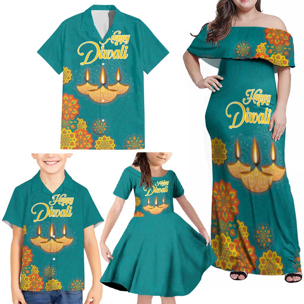 Personalized India Diwali Family Matching Off Shoulder Maxi Dress and Hawaiian Shirt Festival Of Light With Diya - Wonder Print Shop