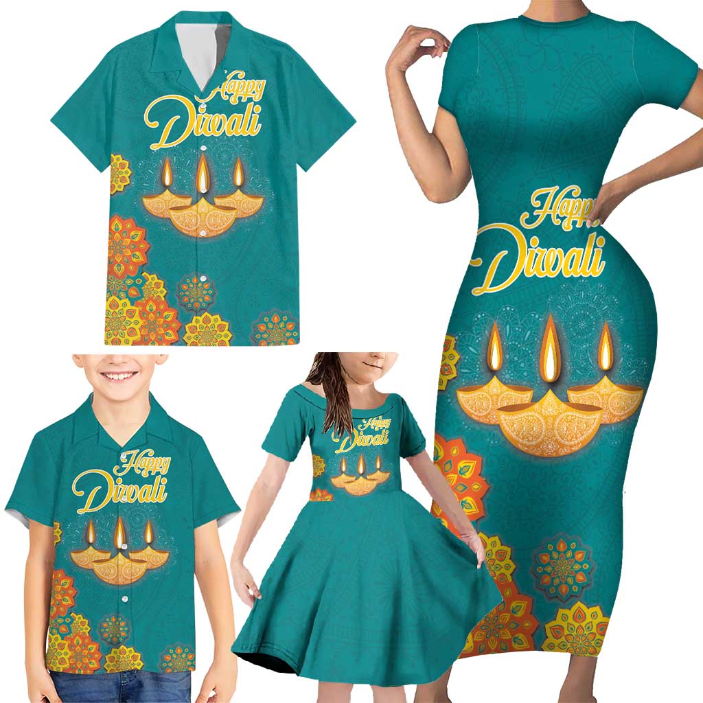 Personalized India Diwali Family Matching Short Sleeve Bodycon Dress and Hawaiian Shirt Festival Of Light With Diya - Wonder Print Shop