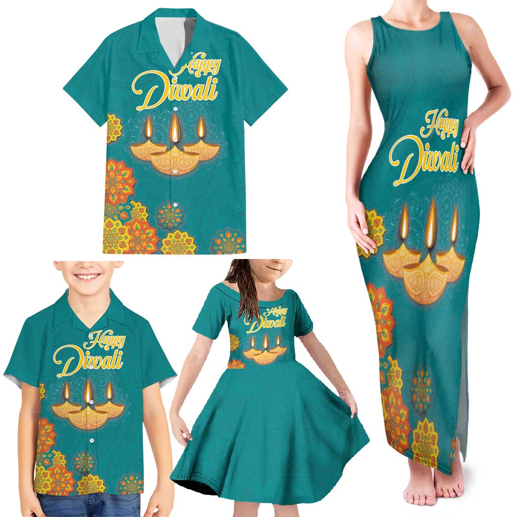 Personalized India Diwali Family Matching Tank Maxi Dress and Hawaiian Shirt Festival Of Light With Diya - Wonder Print Shop