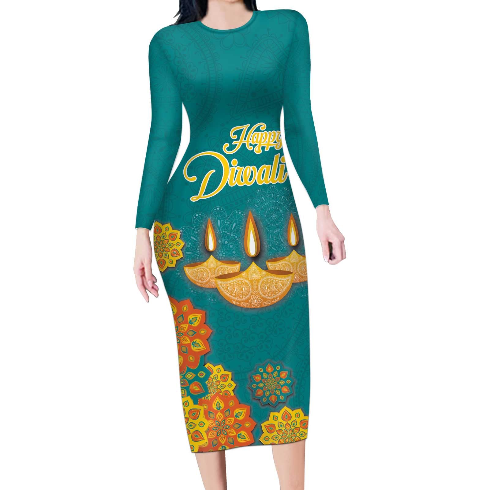 Personalized India Diwali Long Sleeve Bodycon Dress Festival Of Light With Diya - Wonder Print Shop