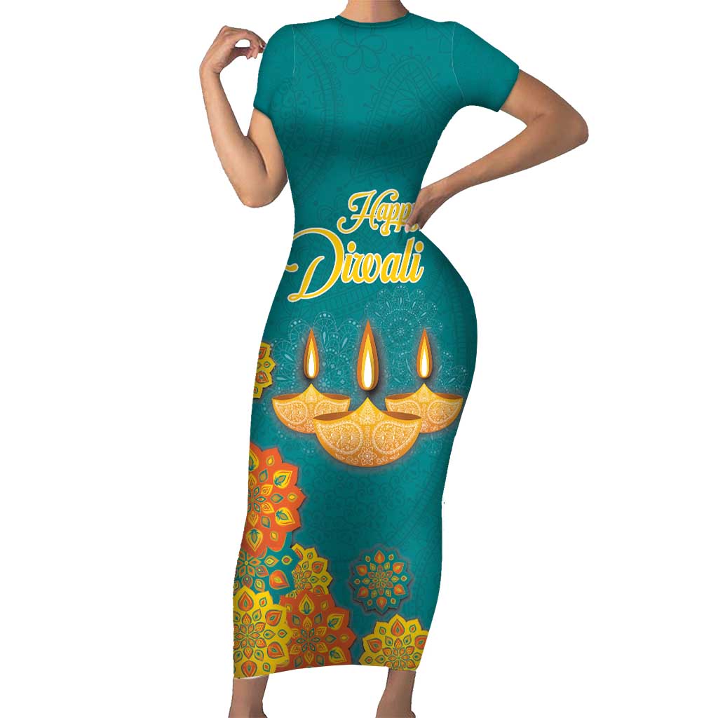 Personalized India Diwali Short Sleeve Bodycon Dress Festival Of Light With Diya