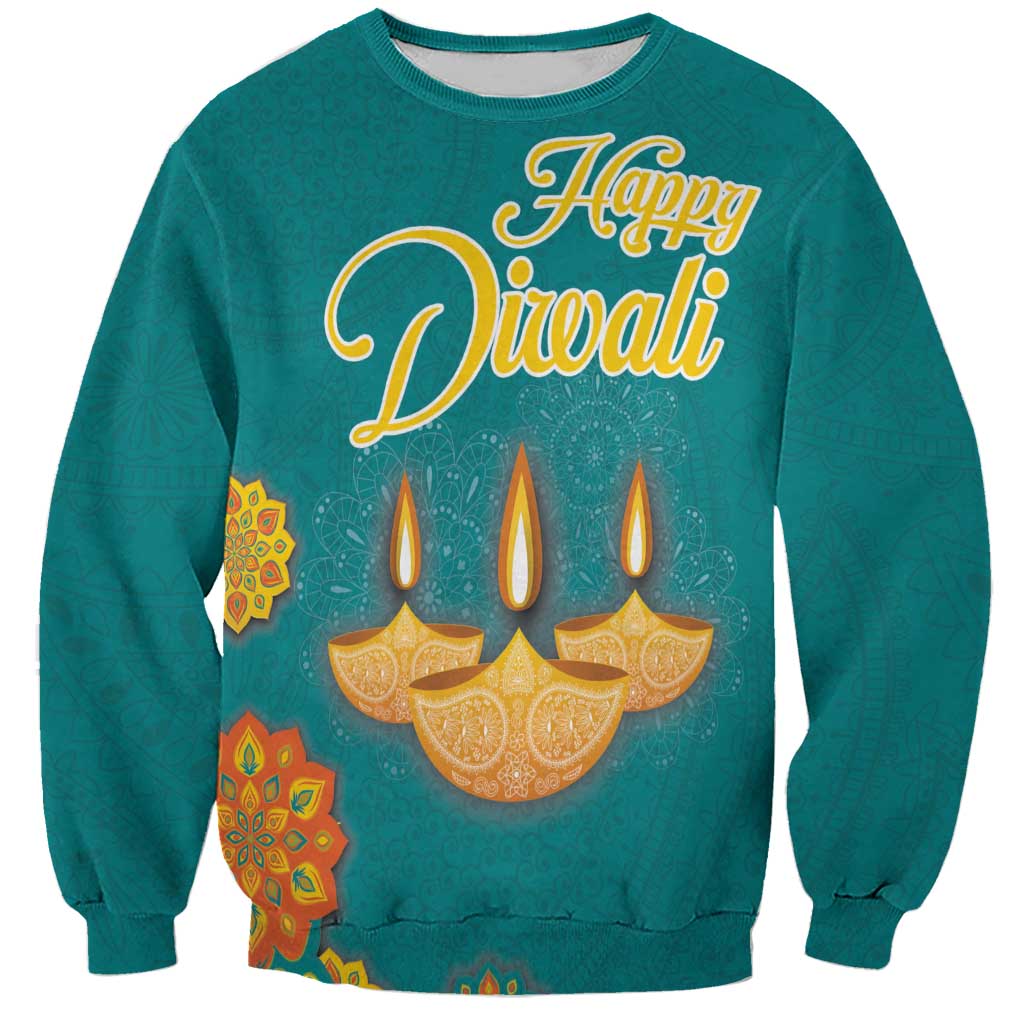Unisex teal sweatshirt with 'Happy Diwali' and diya candle graphic