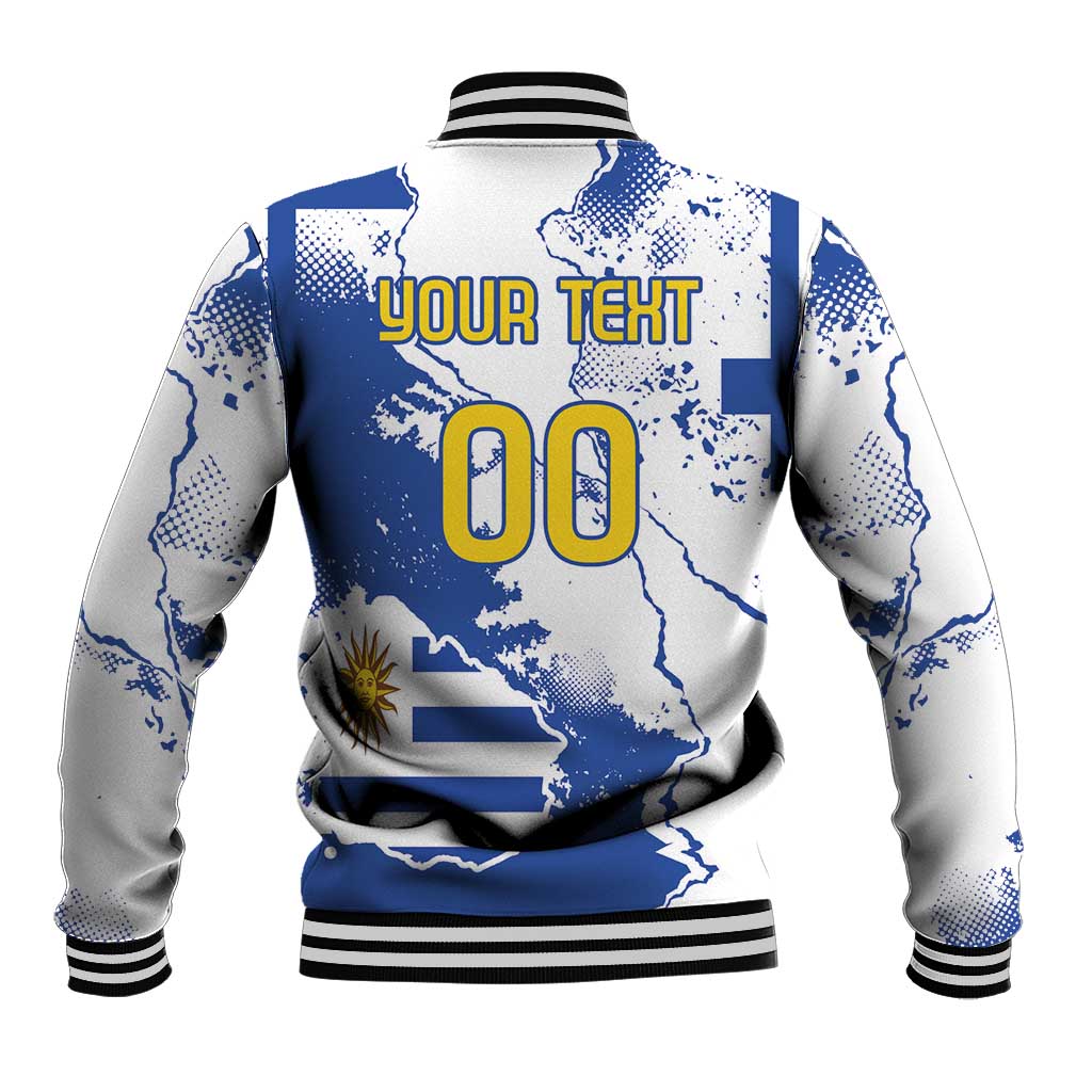 Blue and white baseball jacket back with striped collar and 'YOUR TEXT 00' graphic.