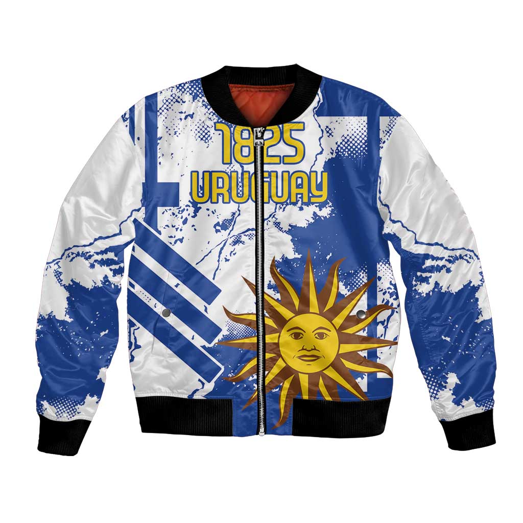 Blue and white bomber jacket with black ribbed cuffs, front zipper, Uruguay flag graphic
