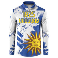 Men's button-front sweatshirt in blue and white with 1825 Uruguay text and sun face design