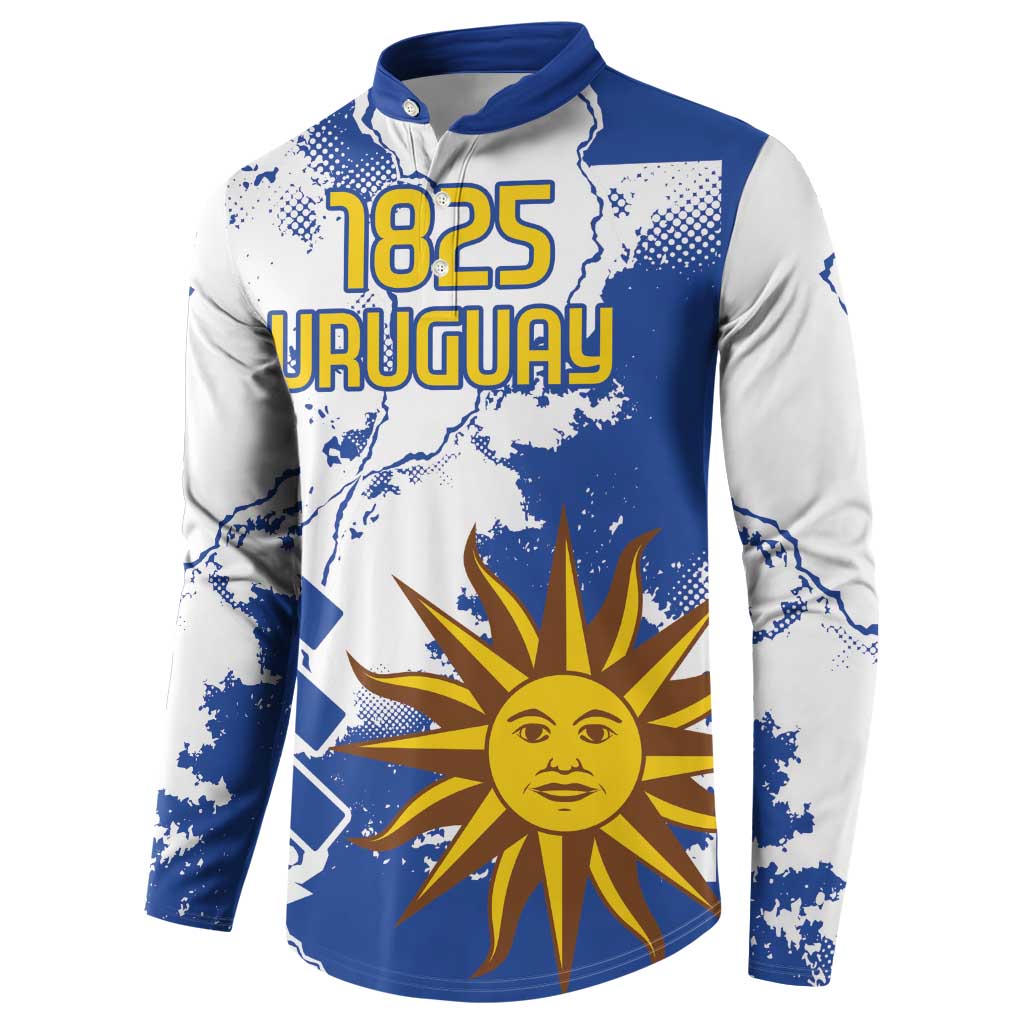 Men's button-front sweatshirt in blue and white with 1825 Uruguay graphic and large sun emblem