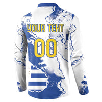 Men's button-front sweatshirt back in blue and white with YOUR TEXT 00 and Uruguay map