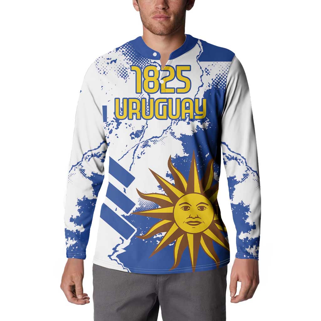 Men's button-front sweatshirt in blue and white with 1825 Uruguay graphic and sun emblem