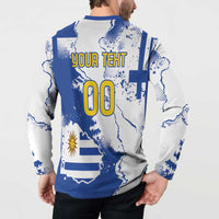Men's button-front sweatshirt back in blue and white with YOUR TEXT 00, flag stripes, and emblem