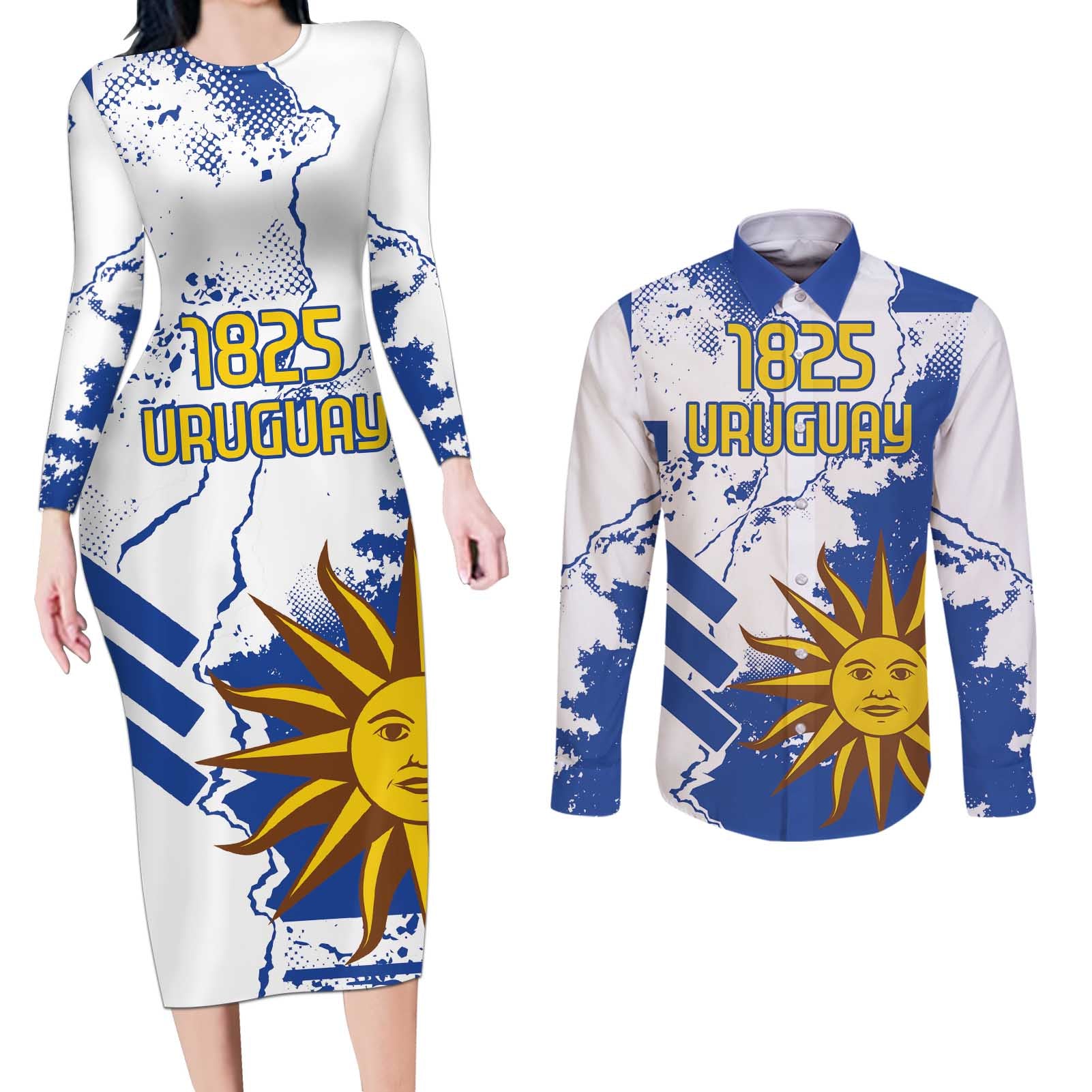 Custom Uruguay Independence Day Couples Matching Long Sleeve Bodycon Dress and Long Sleeve Button Shirt Sol de Mayo With Grunge Urban - Wonder Print Shop